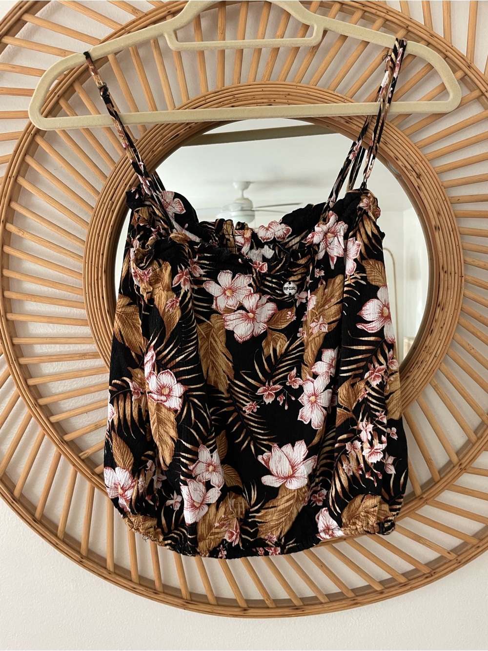 Rip Curl Black Floral Smocked Cami with Gold Leaf Print